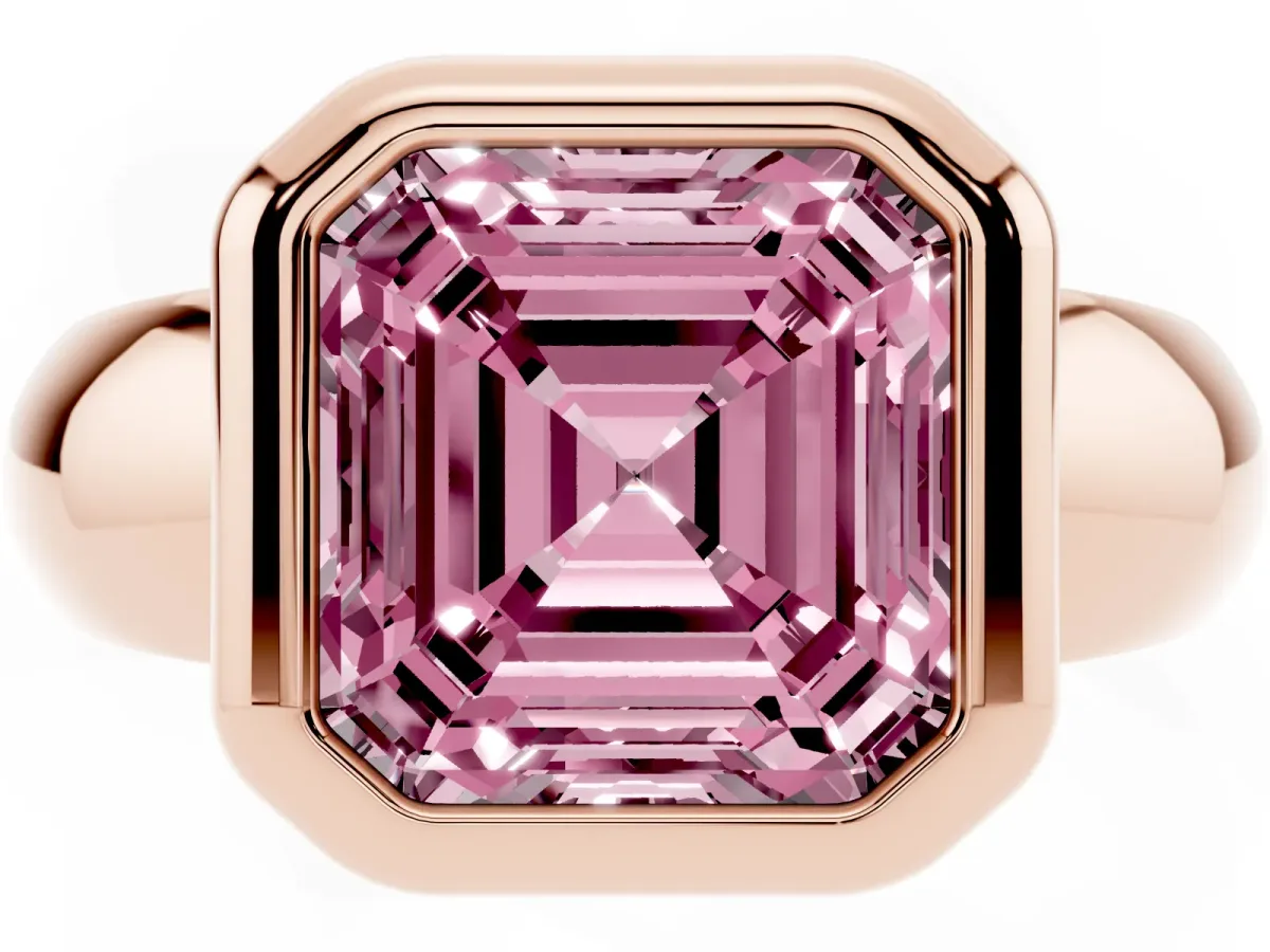 Fancy Pink Bezel Set Asscher Cut Solitaire Ring with Wide Band Rose gold