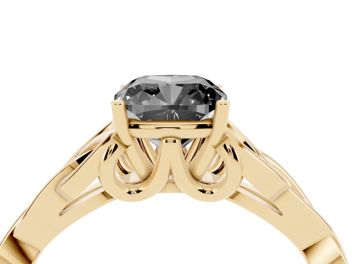 Fancy Black Cushion Cut Diamond Solitaire Engagement Ring with Celtic Knot Band and Four-Prong Setting Yellow gold