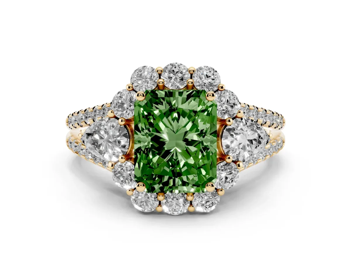Fancy Green Radiant Cut Halo Split Shank Diamond Engagement Ring with Prong Setting Yellow gold