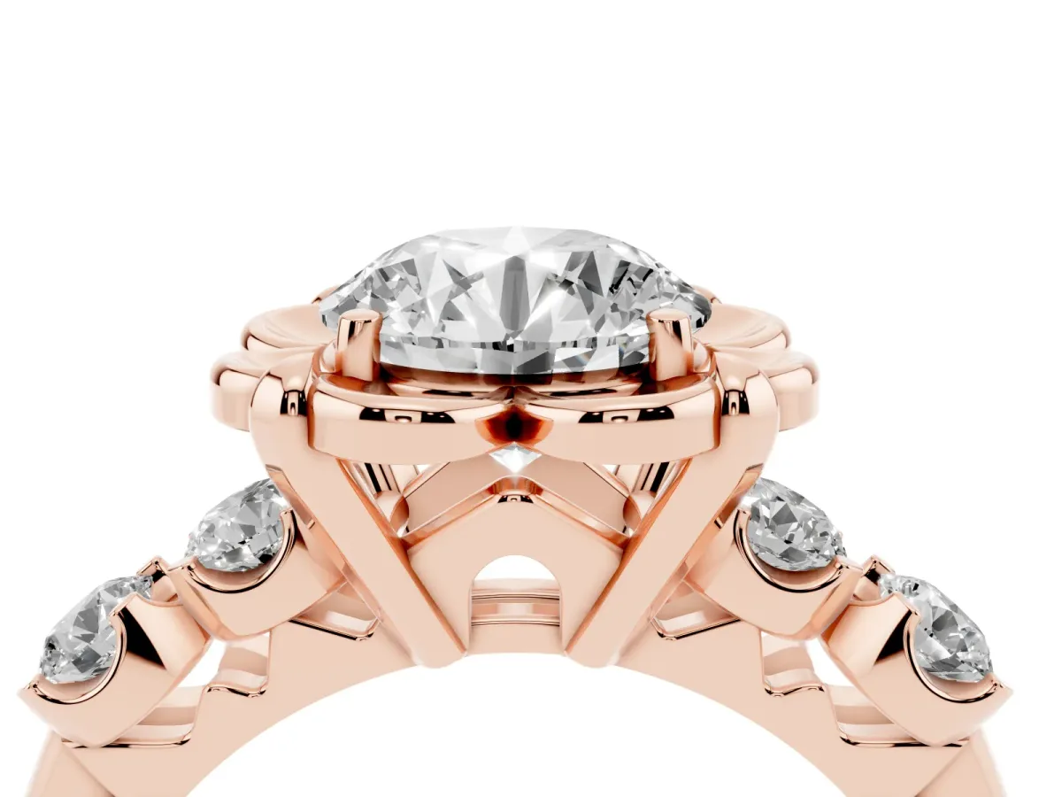 Round Cut Cut Diamond Floral Halo Engagement Ring with Shared Prong Setting Rose gold