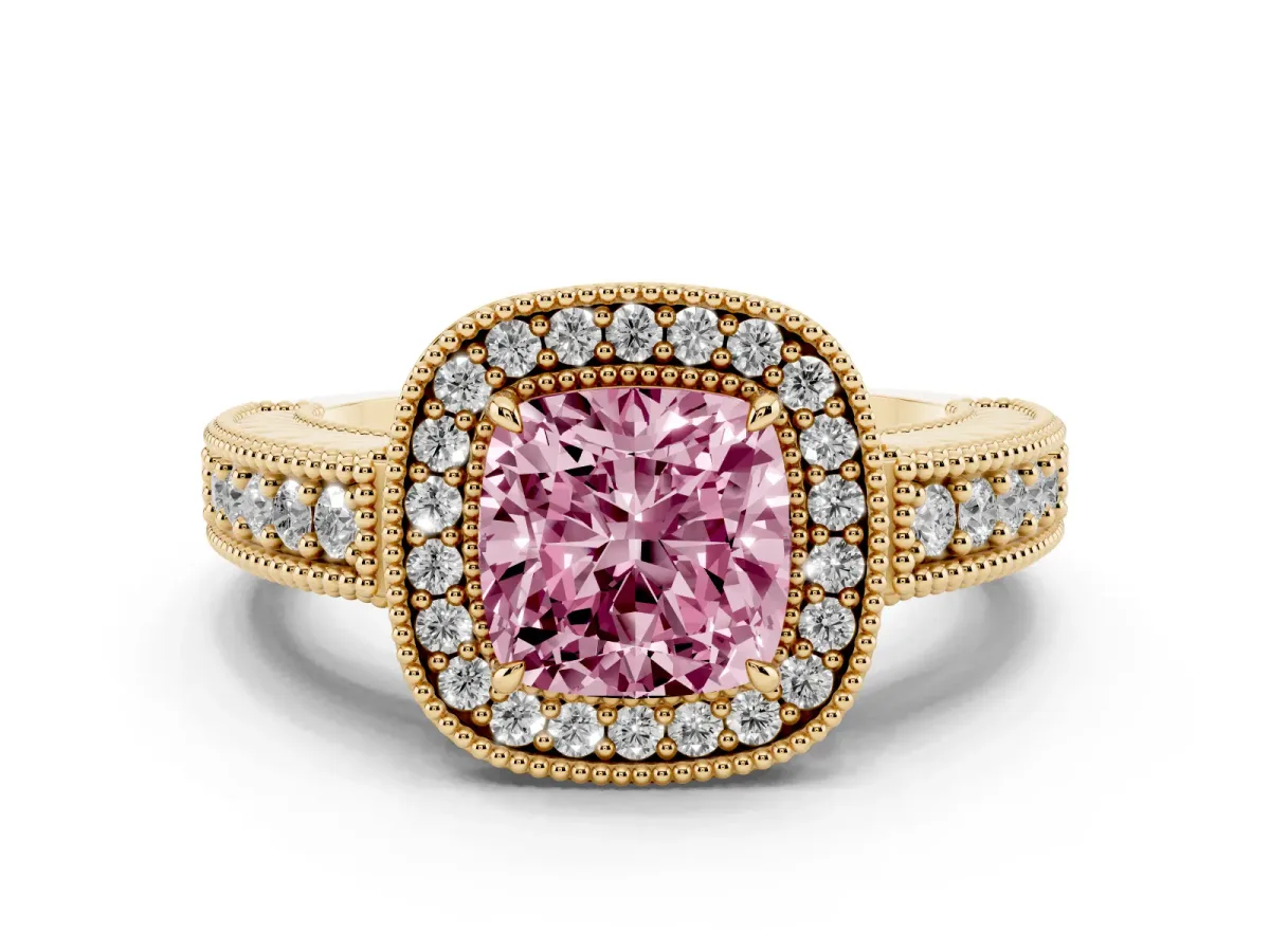 Fancy Pink Cushion Cut Cut Halo Diamond Ring with Pavé Band and Four-Prong Setting Yellow gold