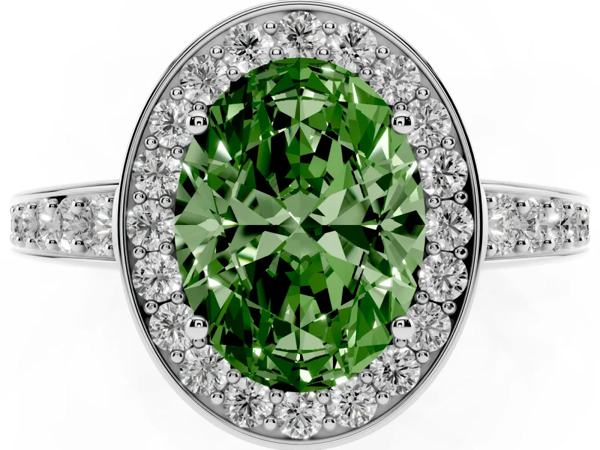 Fancy Green Oval Cut Halo Pavé Diamond Engagement Ring with Bezel Setting Silver