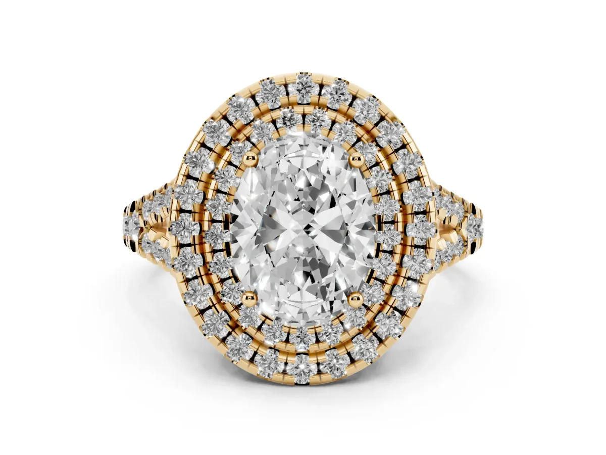 Double Halo Oval Cut Diamond Pavé Split Shank Ring with Prong Setting Yellow gold