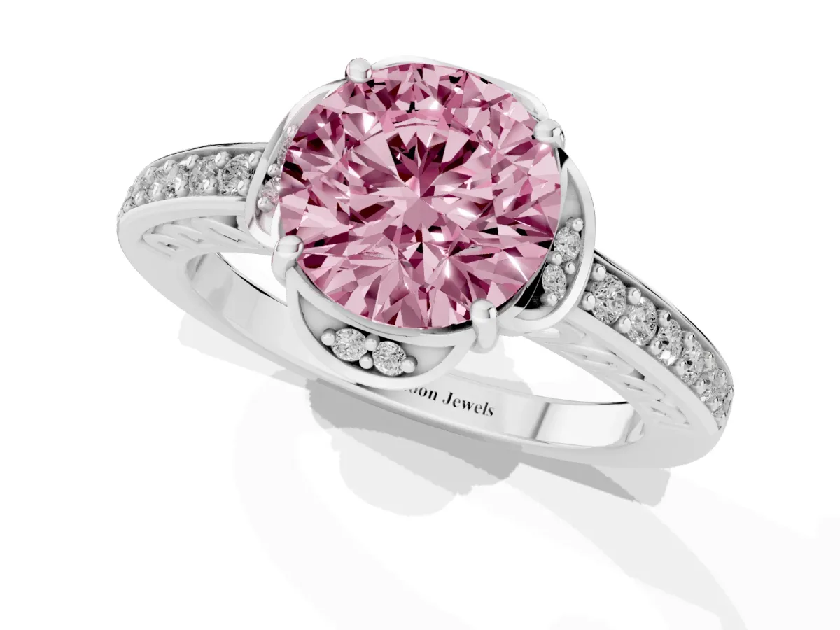 Fancy Pink Round Cut Cut Halo Diamond Ring with Channel Set Band and Four-Prong Setting Silver