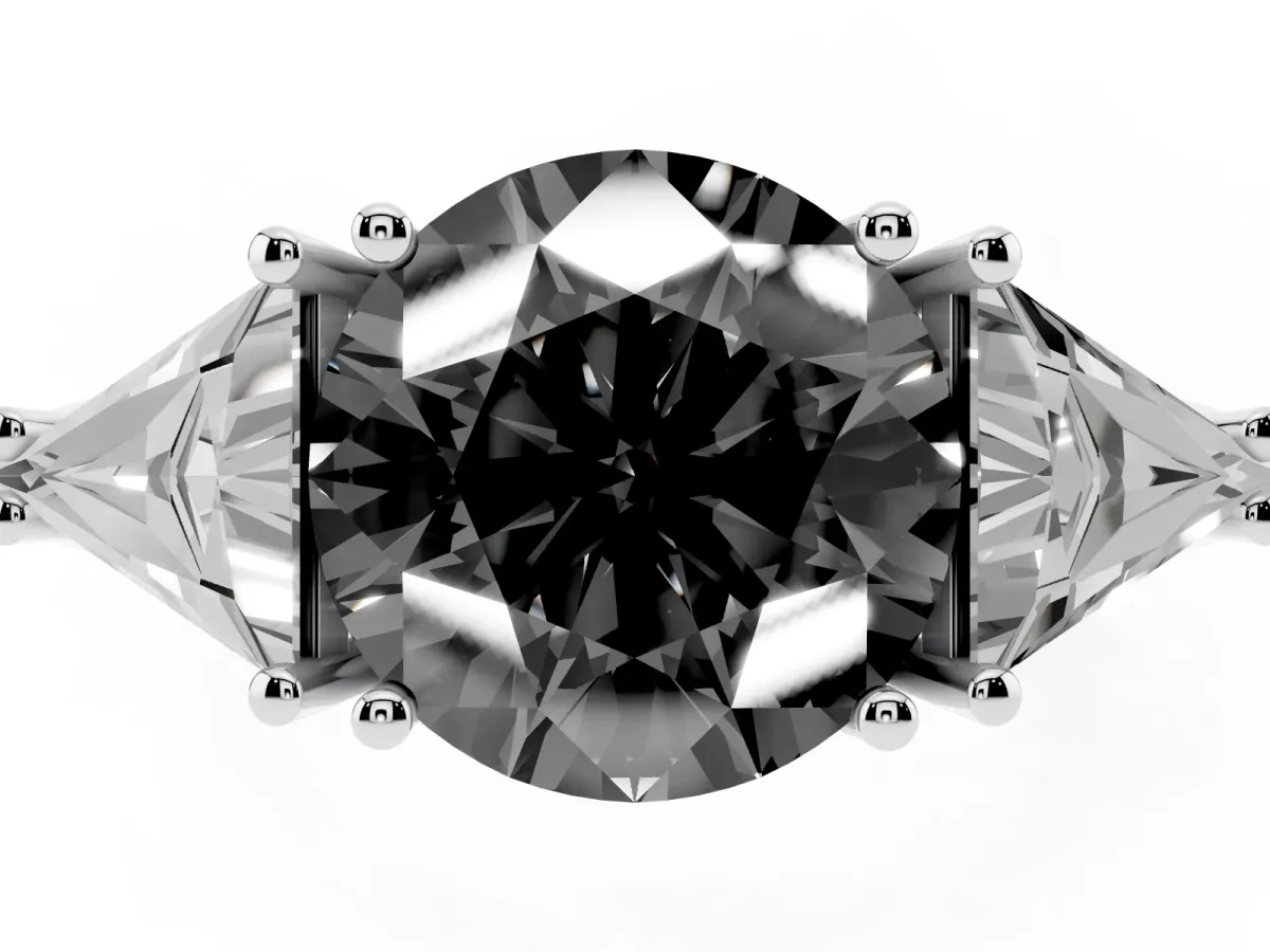 Fancy Black Three-Stone Round Cut Diamond Engagement Ring with Trillion Side Stones and Prong Setting White gold