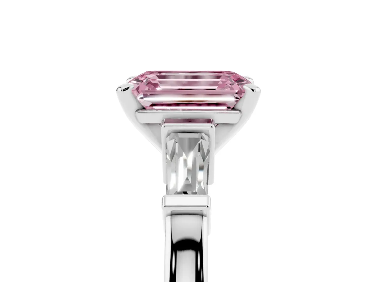 Fancy Pink Emerald Cut Cut Diamond Solitaire Ring with Tapered Baguette Accents and Four-Prong Setting White gold