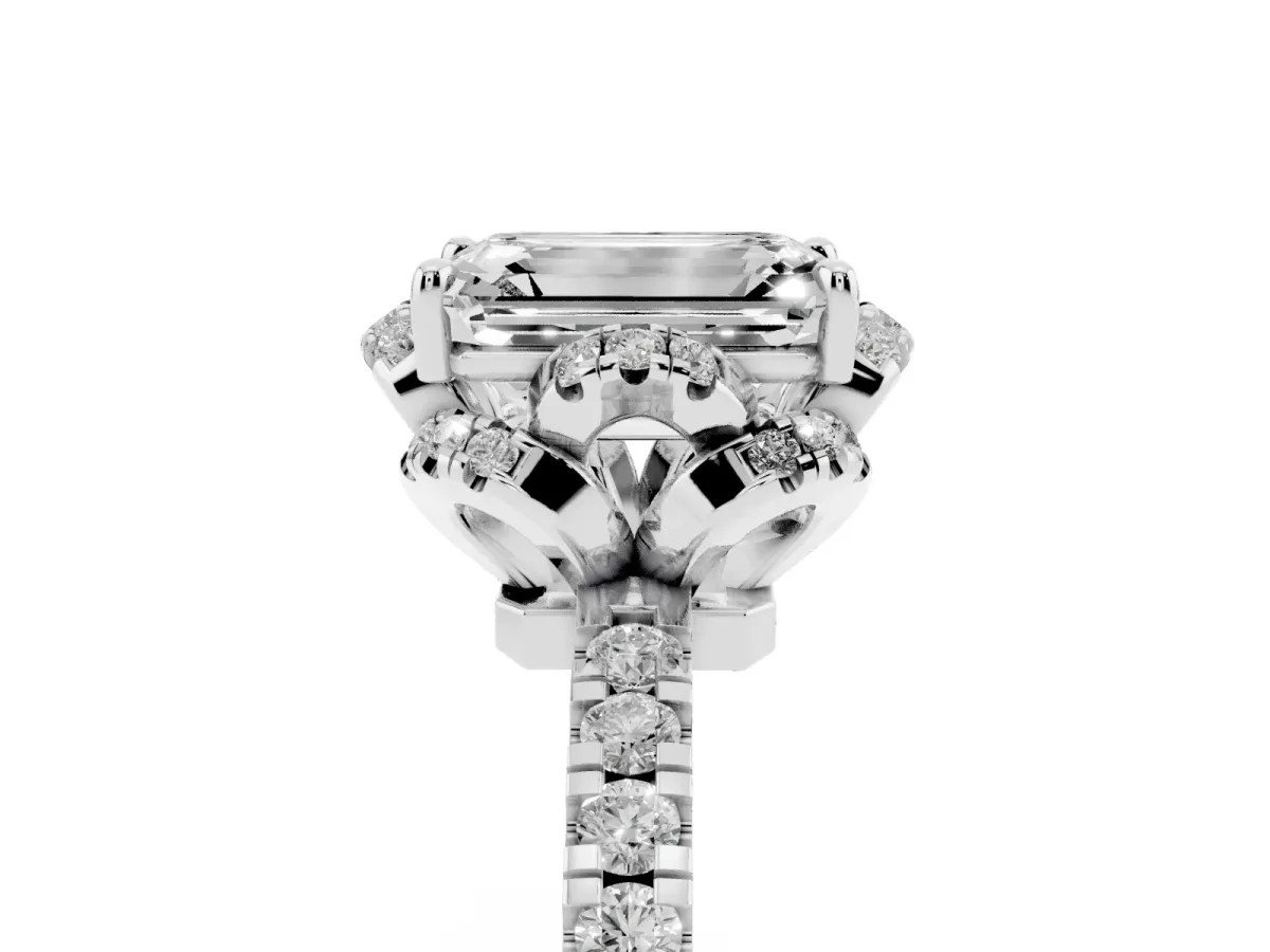 Emerald Cut Diamond Halo Pave Band with Four-Prong Setting Silver