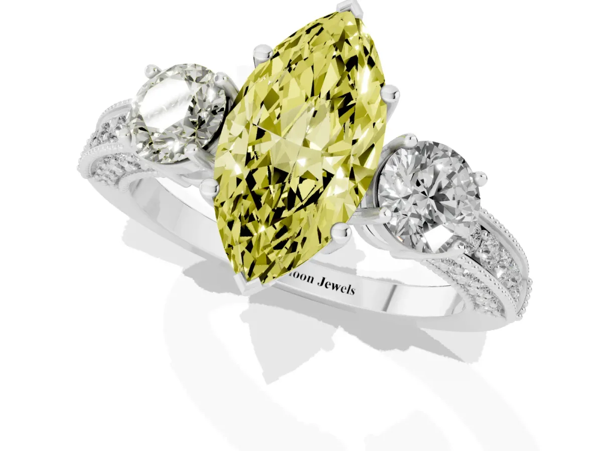 Fancy Yellow Marquise Cut Three-Stone Diamond Ring with Pavé Band and Four-Prong Setting Silver