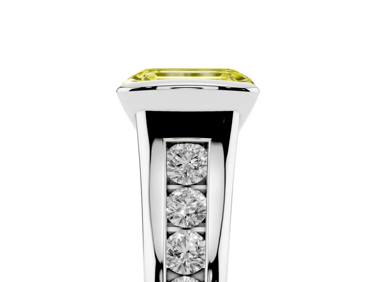 Fancy Yellow Emerald Cut Solitaire Bezel-Set Diamond Ring with Channel-Set Band Platinum