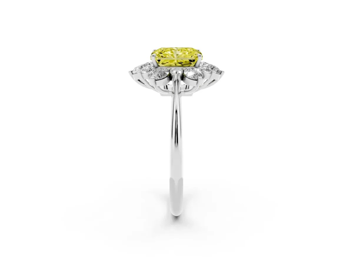 Fancy Yellow Radiant Cut Diamond Cluster Halo Ring with Solitaire Band and Four-Prong Setting Silver