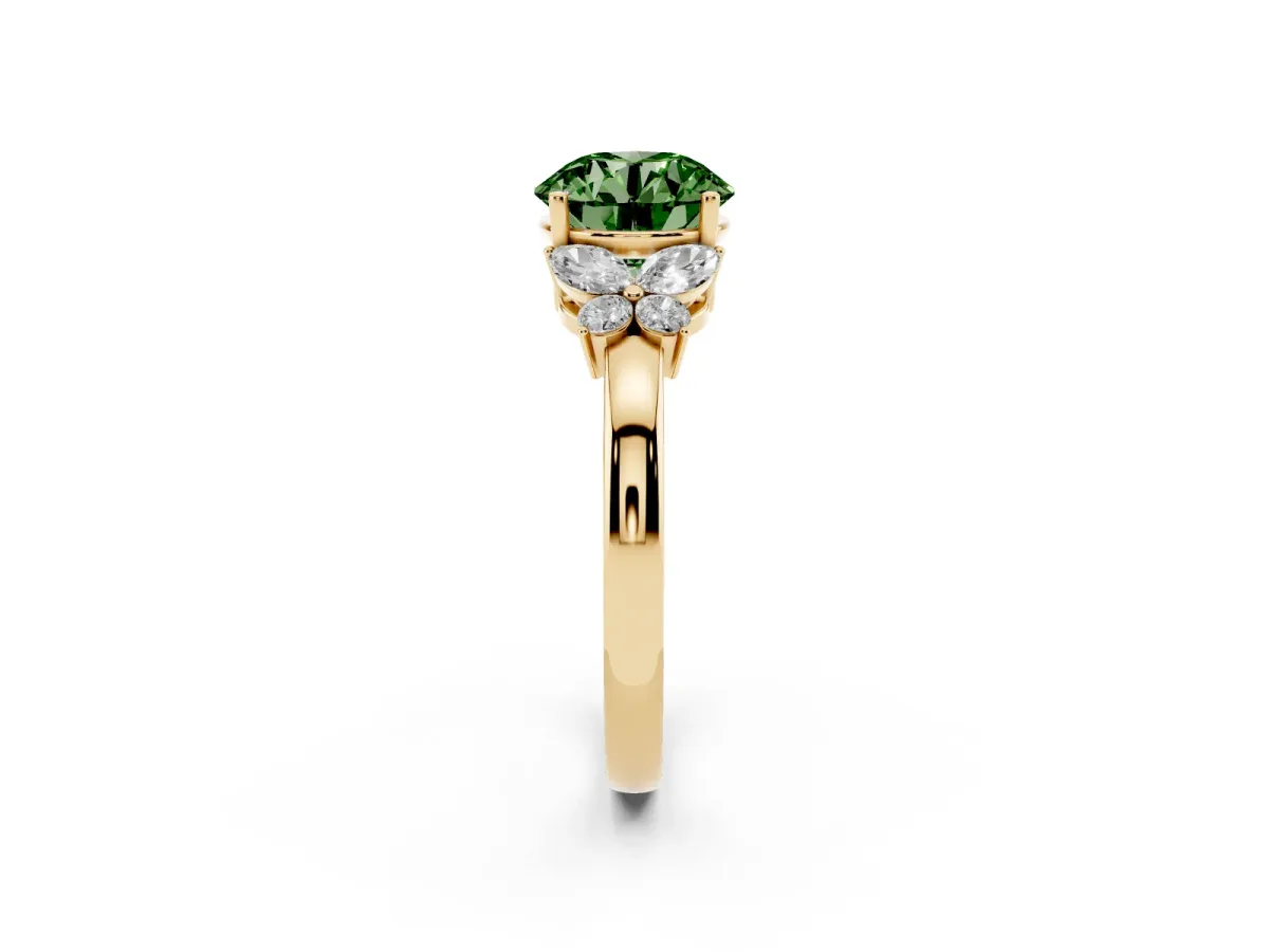 Fancy Green Round Cut Cut Solitaire Floral Diamond Ring with Four-Prong Setting Yellow gold