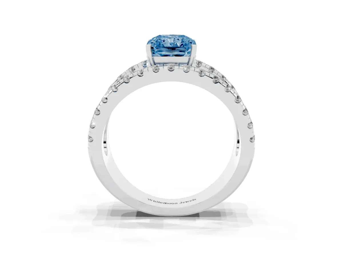 Fancy Blue Radiant Cut Solitaire Split Shank Pave Diamond Ring Platinum