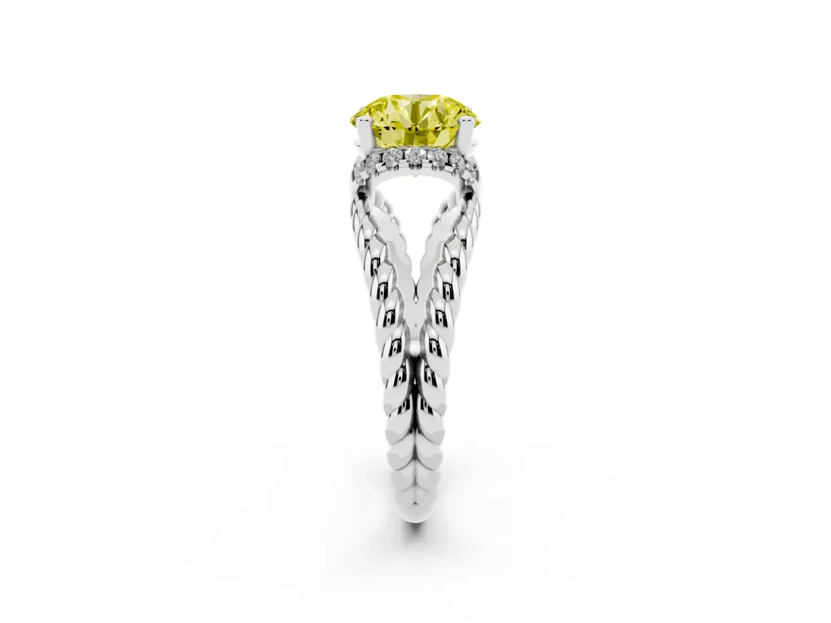 Fancy Yellow Round Cut Halo Twisted Band Four-Prong Ring Silver