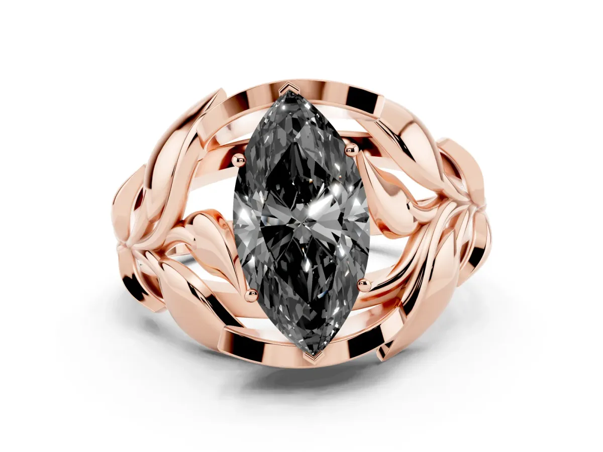 Fancy Black Marquise Cut Diamond Leaf-Inspired Engagement Ring with Round Accents and Prong Setting Rose gold