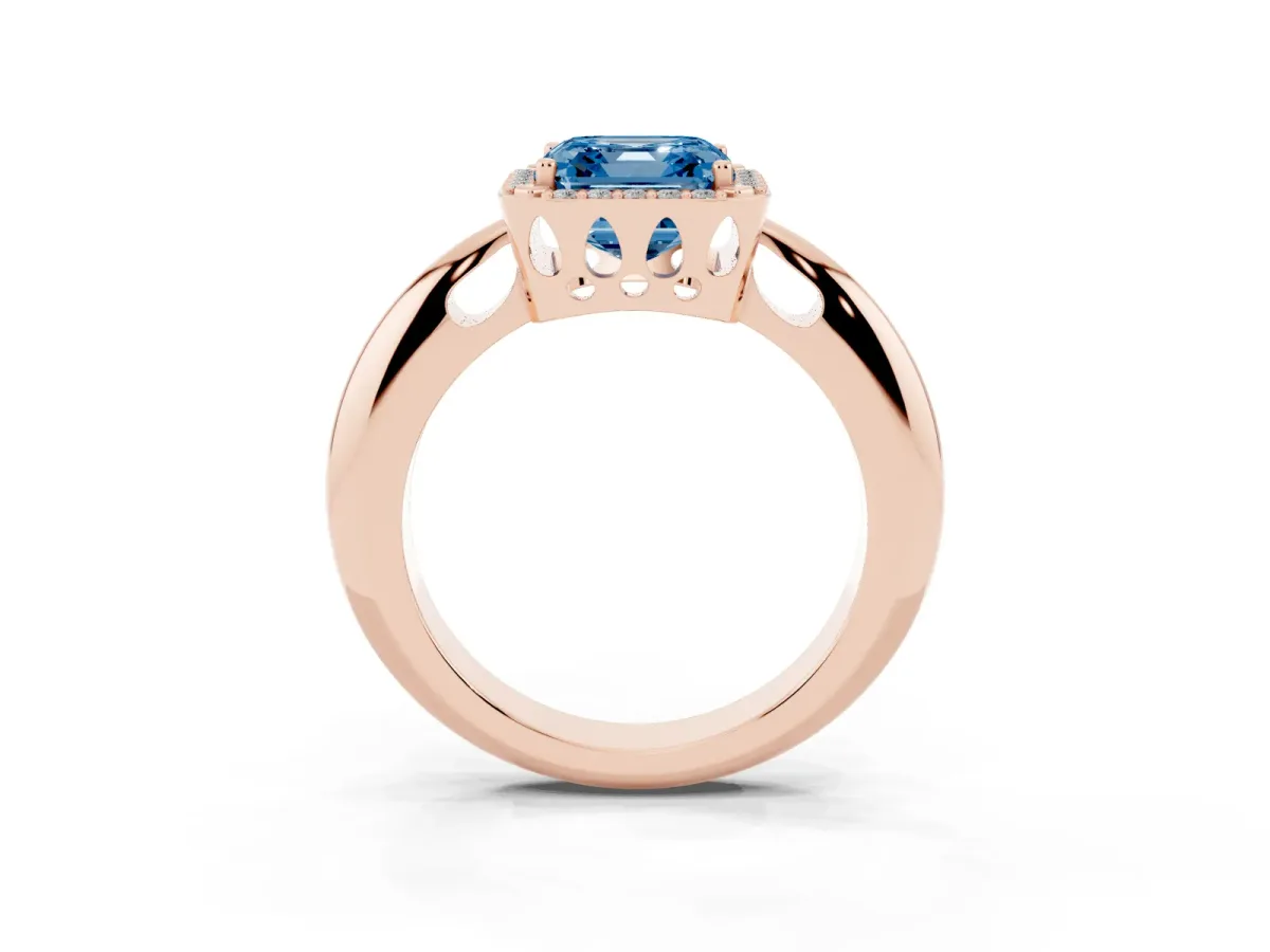 Fancy Blue Asscher Cut Cut Diamond Halo Engagement Ring with Split Shank and Four-Prong Setting Rose gold
