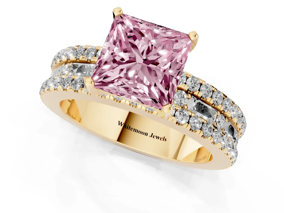 Fancy Pink Princess Cut Diamond Solitaire Ring with Pavé and Channel Set Band Yellow gold