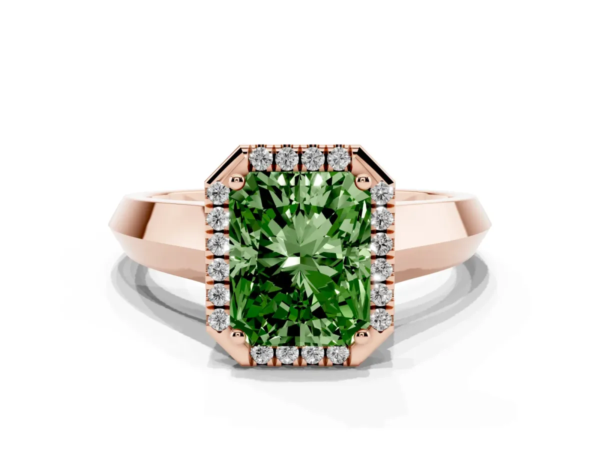 Fancy Green Radiant Cut Halo Diamond Ring with Cathedral Band and Four-Prong Setting Rose gold