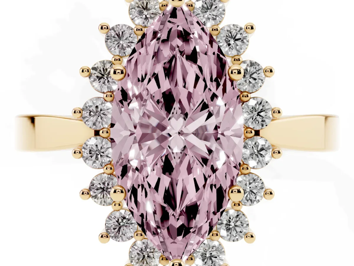 Fancy Pink Marquise Cut Cut Diamond Halo Ring with Round Brilliant Halo and Solitaire Band Yellow gold