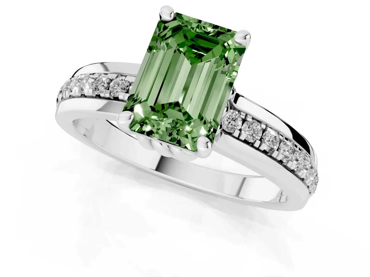 Fancy Green Emerald Cut Solitaire Diamond Ring with Channel Set Band and Six-Prong Setting Silver