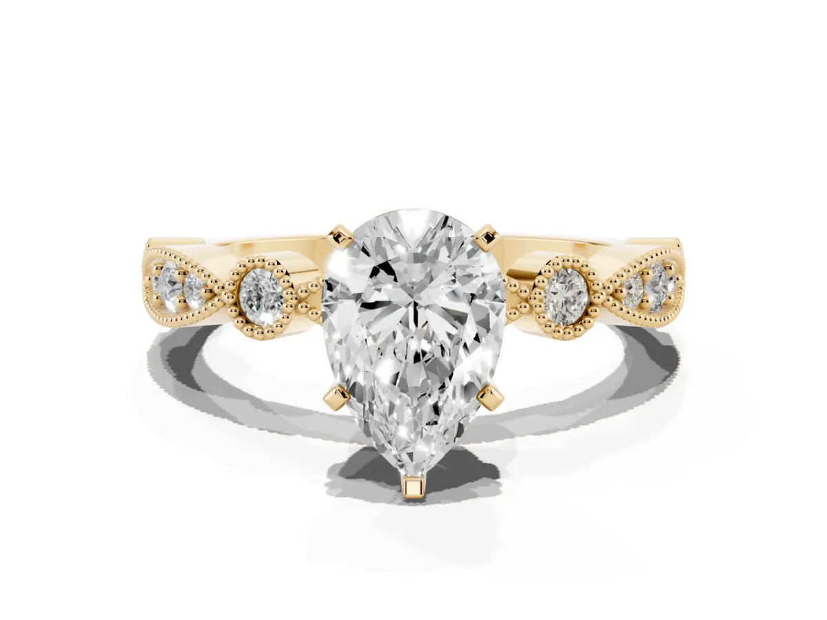 Pear Cut Milgrain Bezel Diamond Engagement Ring with Solitaire Prong Setting Yellow gold
