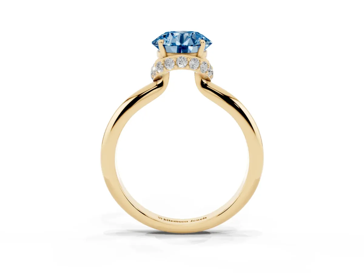 Fancy Blue Round Cut Brilliant Solitaire Engagement Ring with Six-Prong Setting and Classic Band Yellow gold