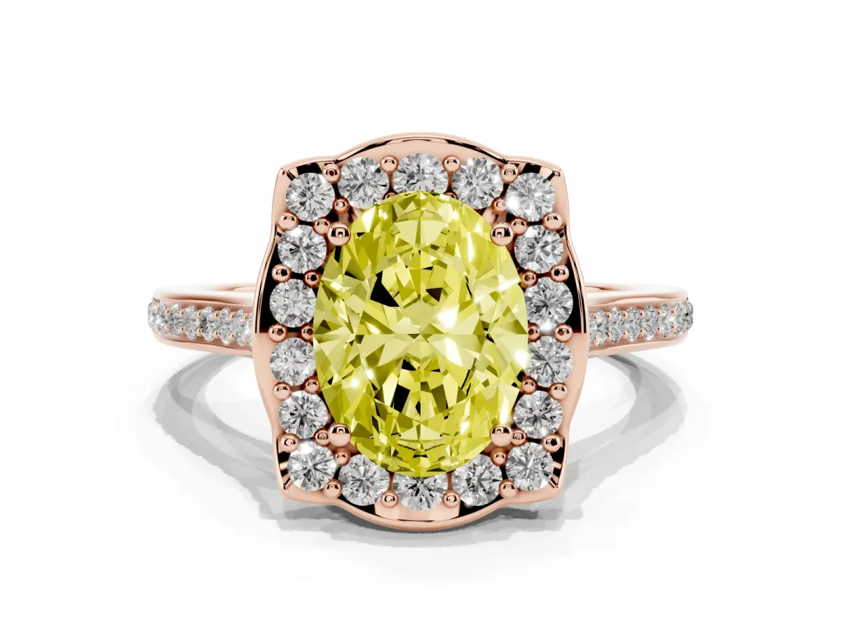 Fancy Yellow Oval Cut Halo Round Diamond Pave Band with Four-Prong Setting Rose gold