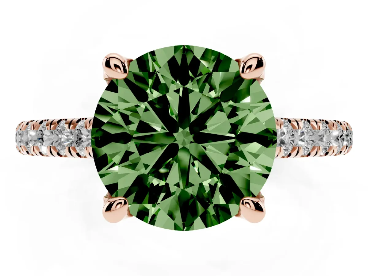 Fancy Green Round Cut Brilliant Diamond Solitaire with Pavé Band and Four-Prong Setting Rose gold