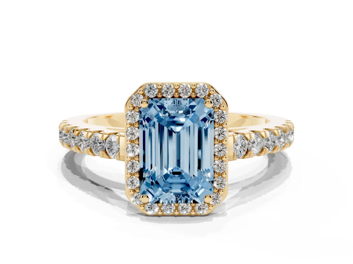 Fancy Blue Emerald Cut Cut Halo Diamond Engagement Ring with Pave Band and Four-Prong Setting Yellow gold
