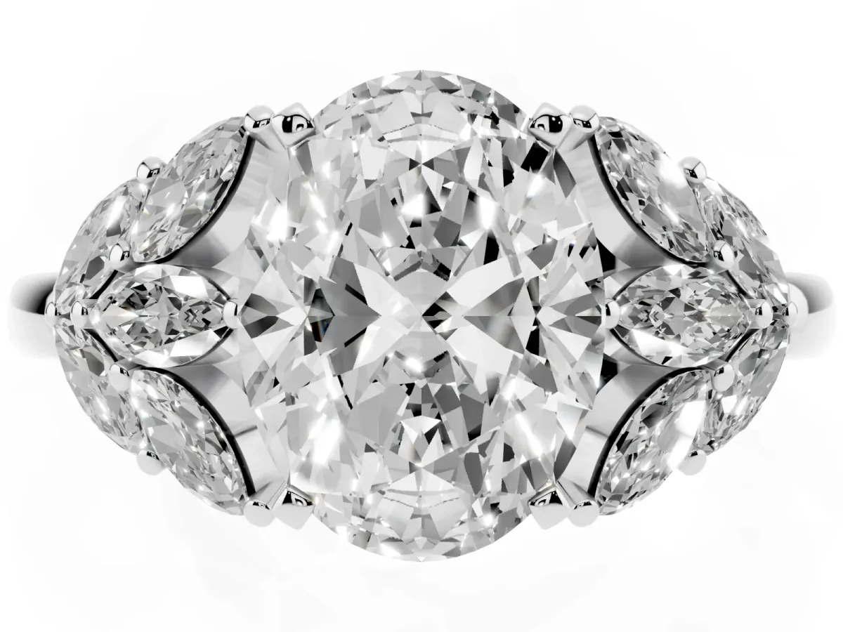 Oval Cut Diamond Cluster Leaf Design Ring with Prong Setting Platinum
