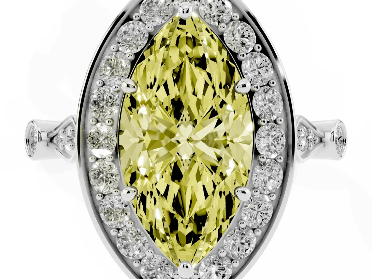 Fancy Yellow Marquise Cut Halo Diamond Engagement Ring with Twisted Band and Four-Prong Setting Silver
