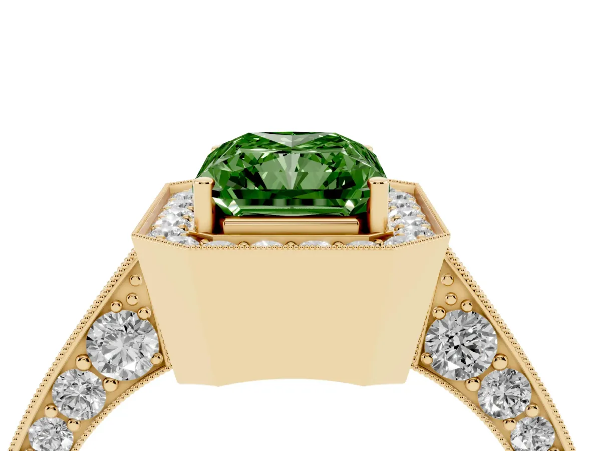 Fancy Green Radiant Cut Halo Diamond Engagement Ring with Split Shank Band and Four-Prong Setting Yellow gold