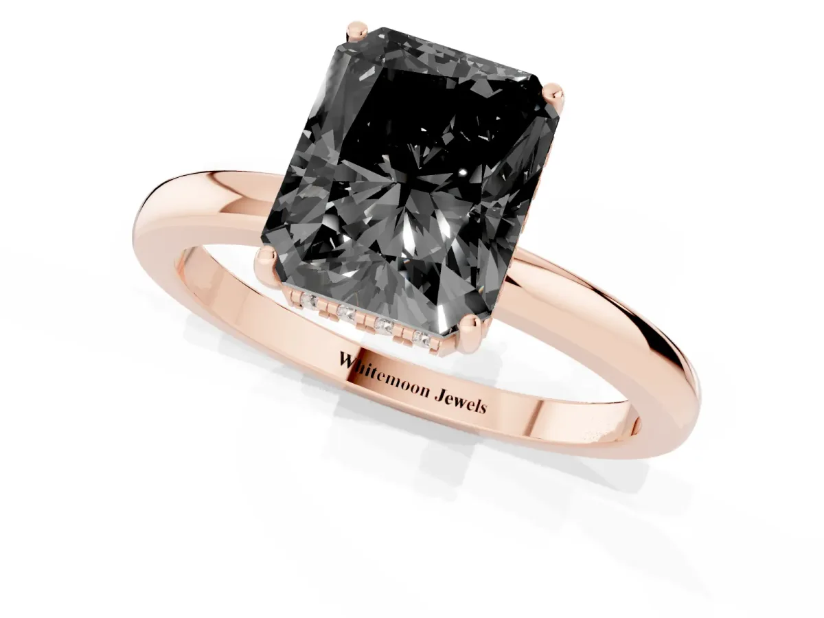 Fancy Black Radiant Cut Solitaire Diamond Ring with Prong Setting and Plain Band Rose gold