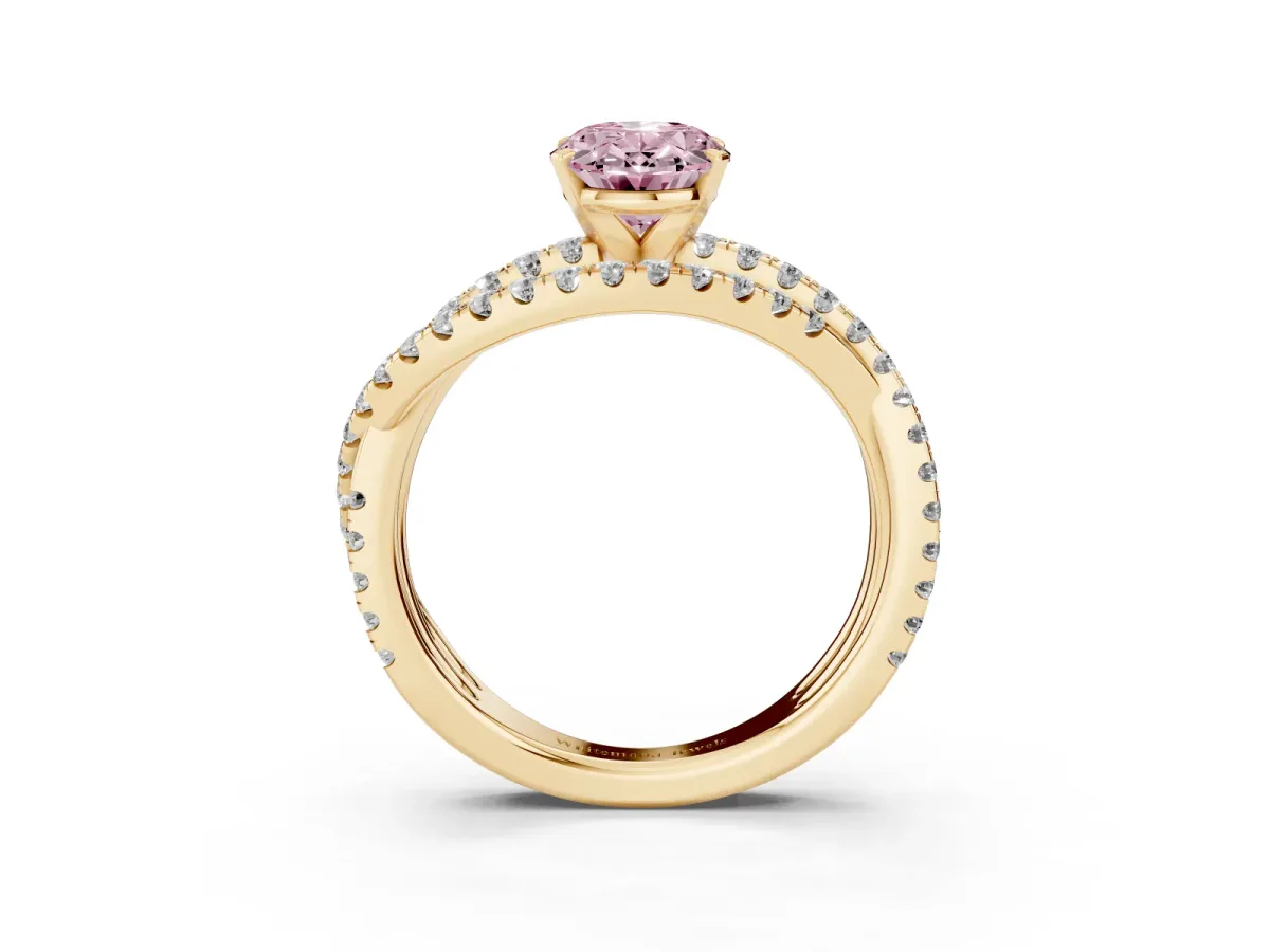 Fancy Pink Oval Cut Solitaire Twist Band with Pavé Setting and Four-Prong Setting Yellow gold
