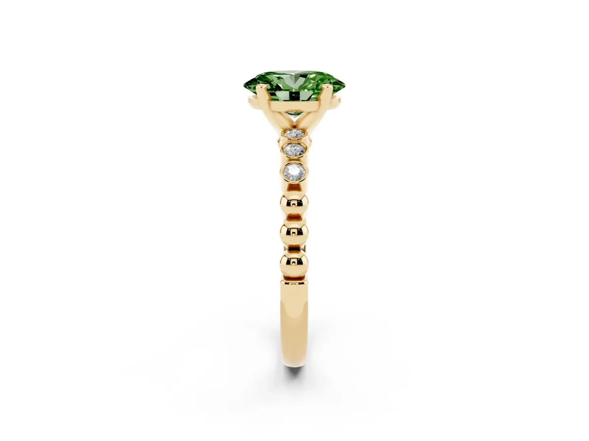 Fancy Green Oval Cut Solitaire Bezel Accent Diamond Engagement Ring with Beaded Band and Four-Prong Setting Yellow gold
