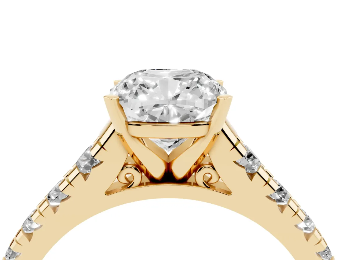 Cushion Cut Diamond Cathedral Solitaire Ring with Round Pavé Band Yellow gold