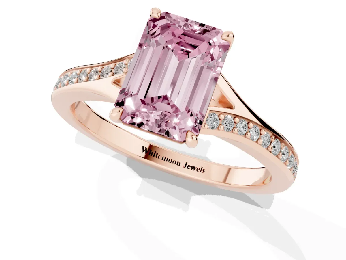 Fancy Pink Emerald Cut Diamond Solitaire Ring with Pavé Band and Prong Setting Rose gold
