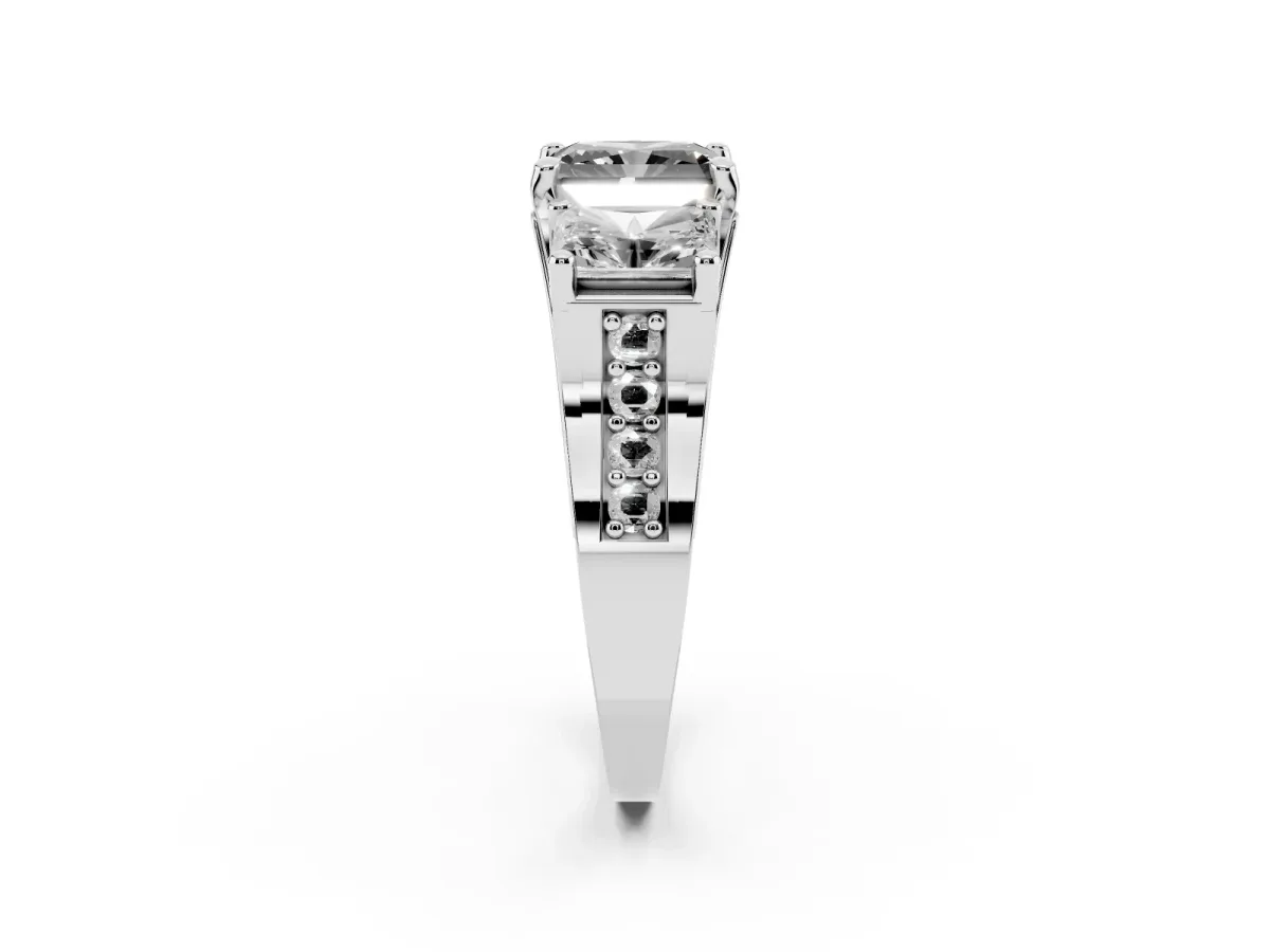 Fancy Black Radiant Cut Diamond Three-Stone Ring with Channel Set Band and Four-Prong Setting Platinum