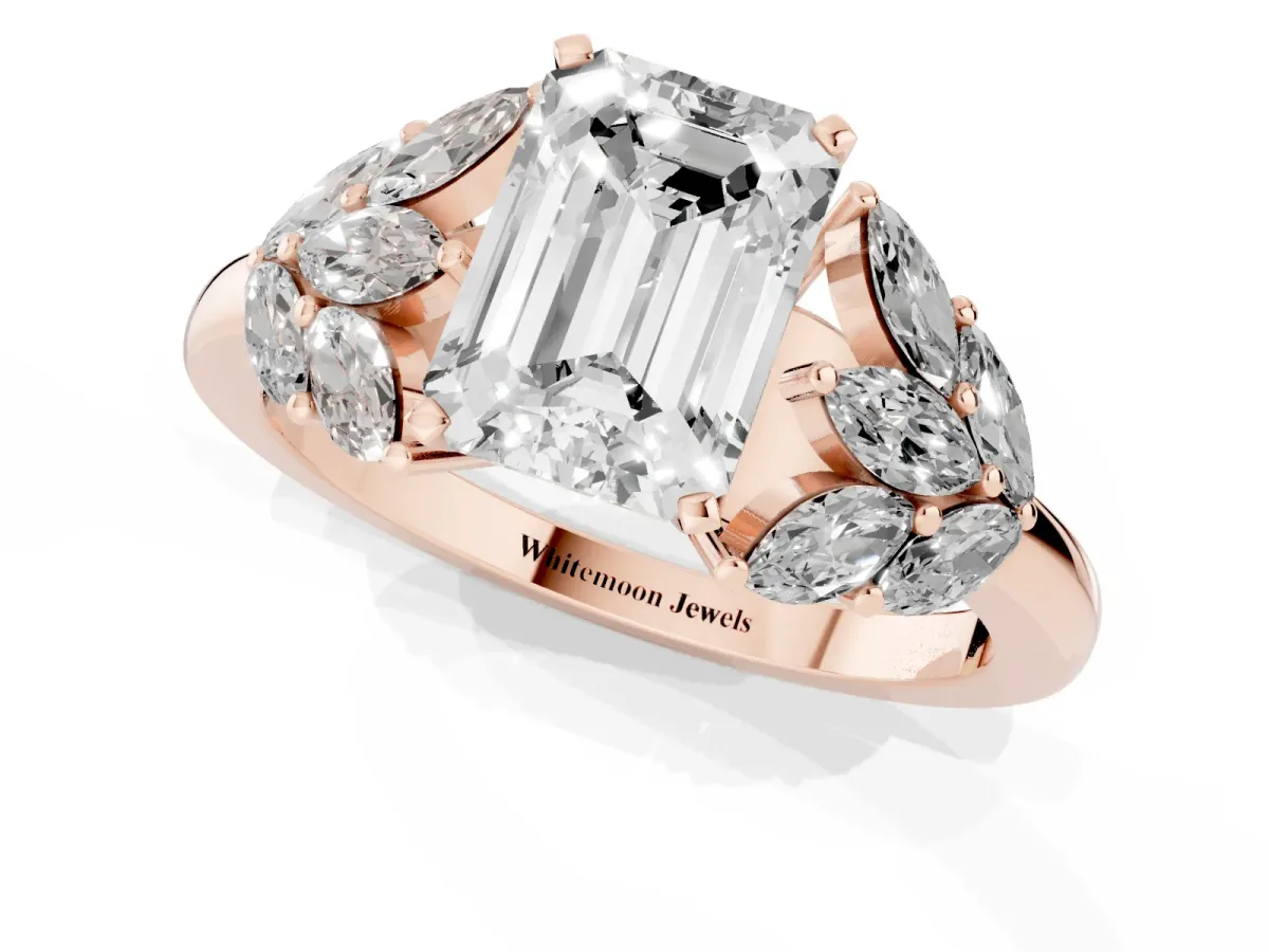Emerald Cut Diamond Cluster Leaf Design Ring with Prong Setting Rose gold