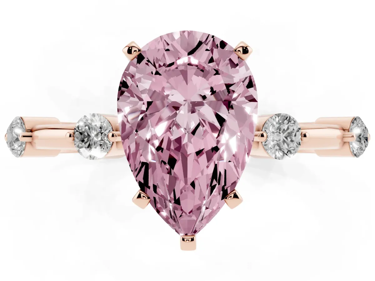 Fancy Pink Pear Cut Solitaire Diamond Ring with Bezel Set Side Stones and Prong Setting Rose gold