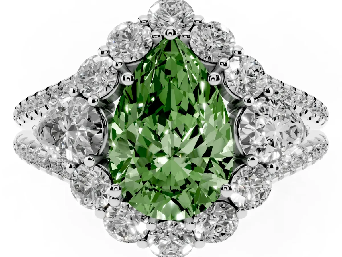 Fancy Green Pear Cut Halo Split Shank Diamond Engagement Ring with Prong Setting Platinum