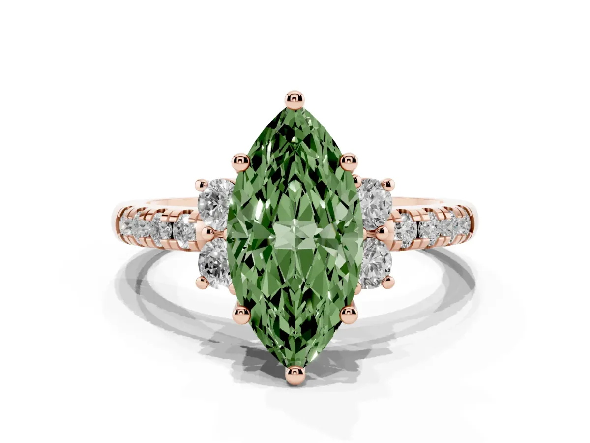 Fancy Green Marquise Cut Diamond Three-Stone Pave Band with Four-Prong Setting Rose gold
