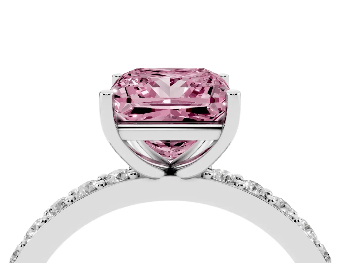 Fancy Pink Princess Cut Cut Diamond Solitaire with Pave Band and Four-Prong Setting Silver