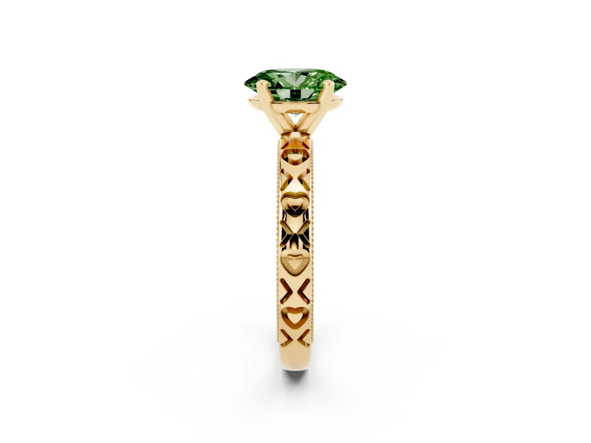 Fancy Green Oval Cut Solitaire Diamond Engagement Ring with XO Engraved Band and Four-Prong Setting Yellow gold