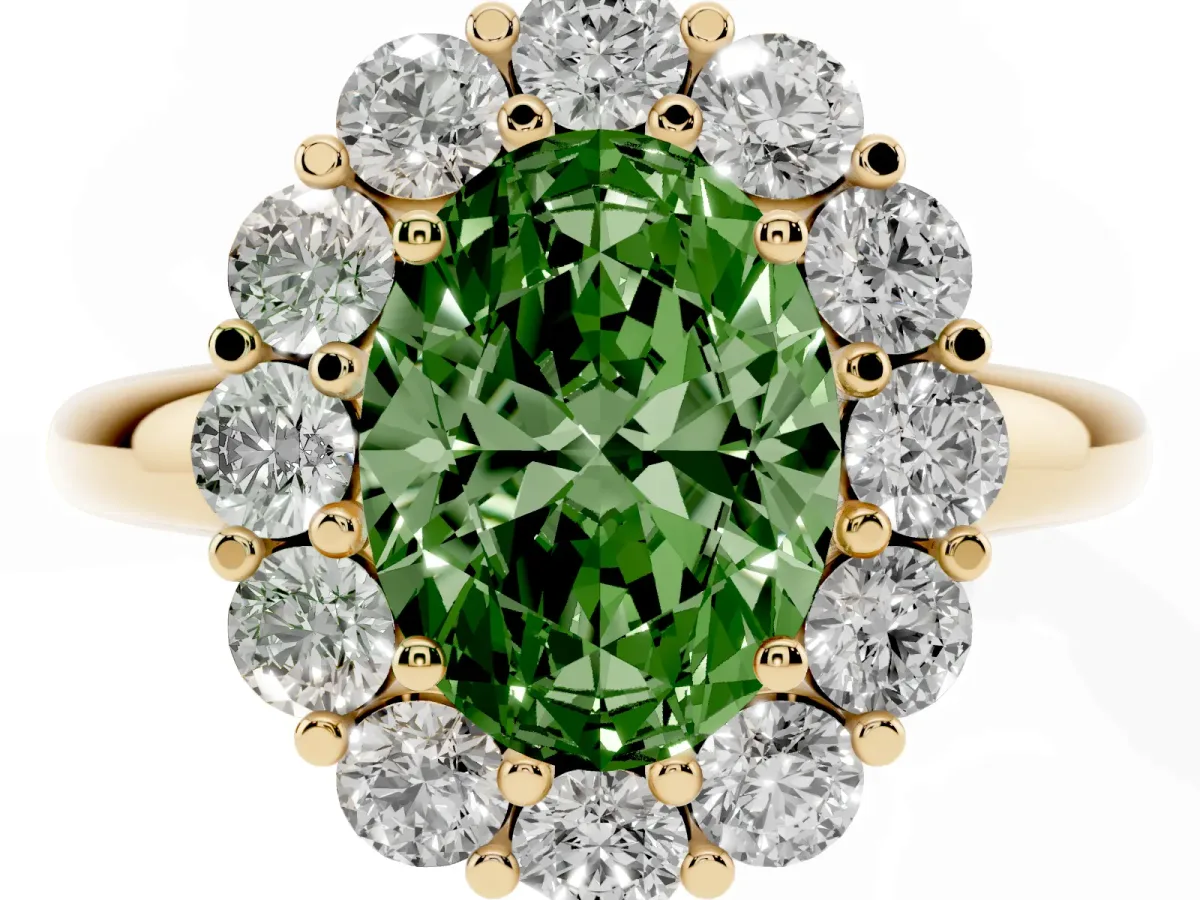 Fancy Green Oval Cut Halo Cluster Diamond Engagement Ring with Prong Setting and Polished Band Yellow gold
