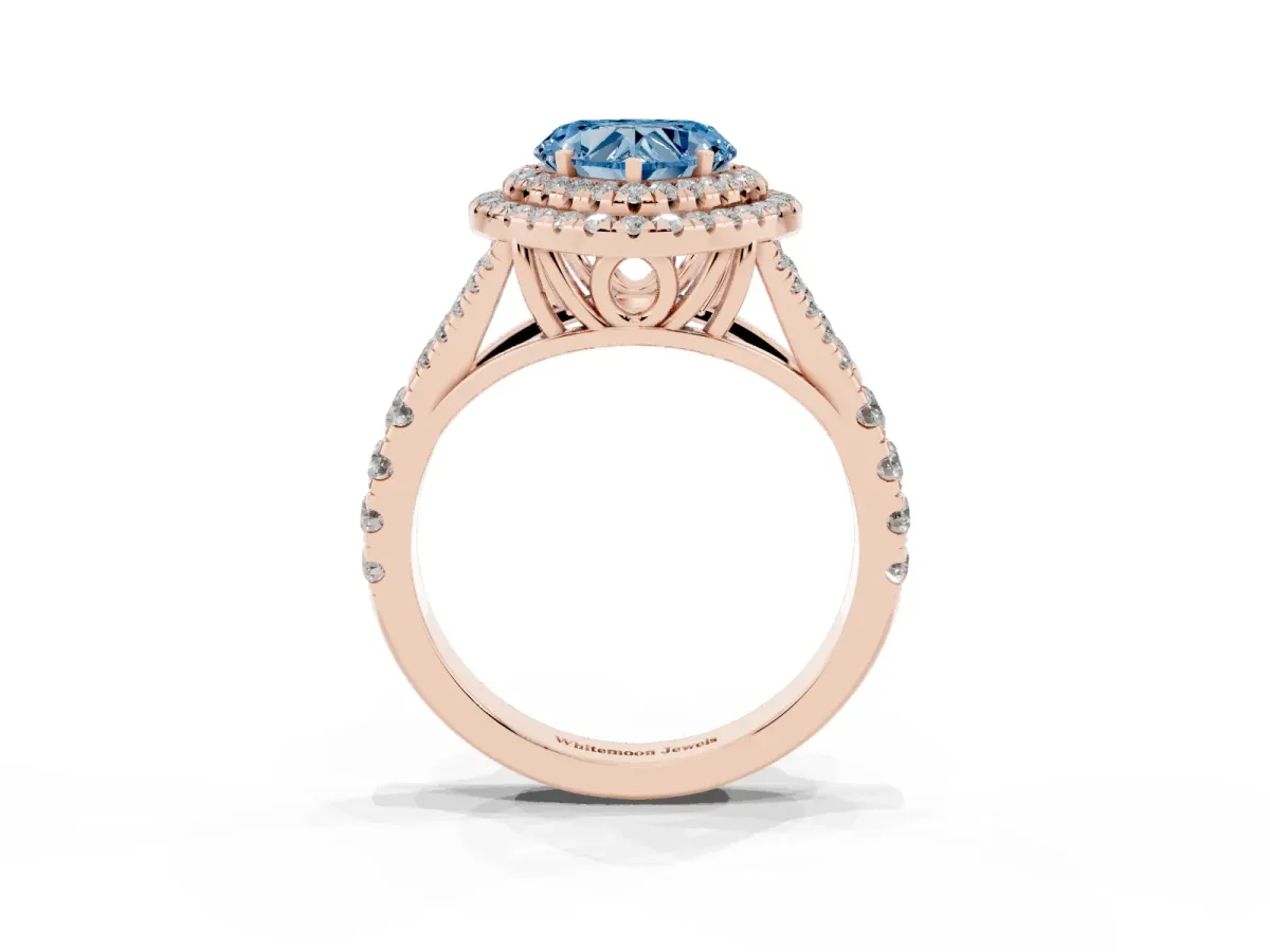 Fancy Blue Heart Cut Cut Double Halo Split Shank Diamond Ring with Prong Setting Rose gold