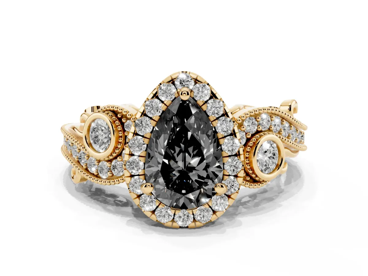 Fancy Black Pear Cut Halo Diamond Ring with Milgrain and Bezel Accents on a Split Shank Band Yellow gold