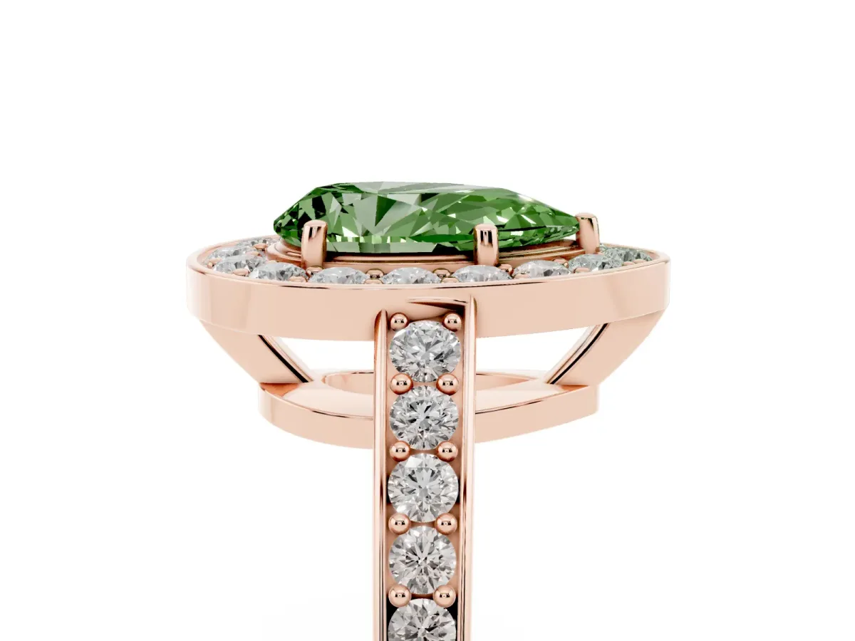 Fancy Green Pear Cut Halo Pavé Diamond Engagement Ring with Bezel Setting Rose gold