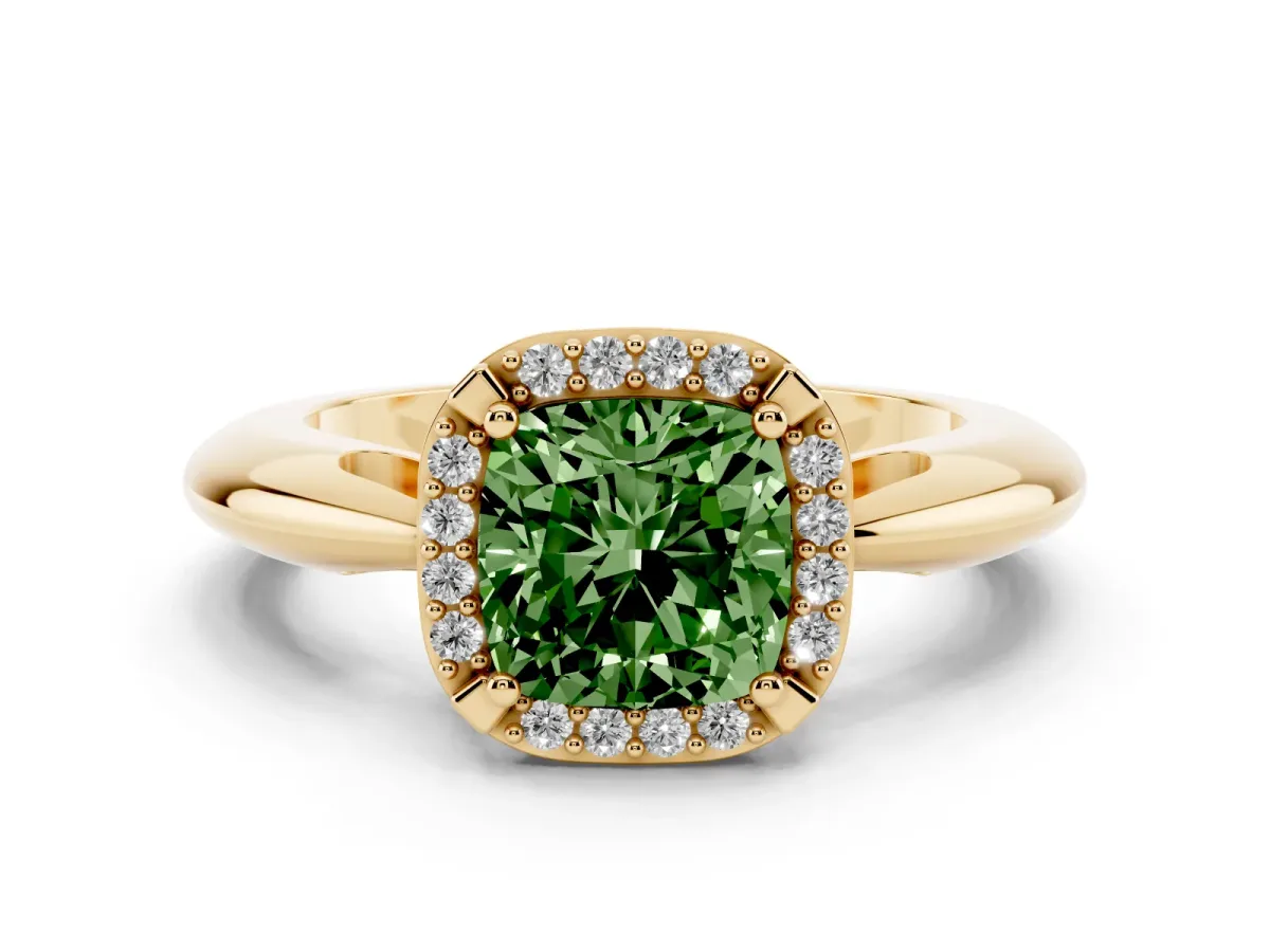 Fancy Green Cushion Cut Cut Diamond Halo Engagement Ring with Split Shank and Four-Prong Setting Yellow gold