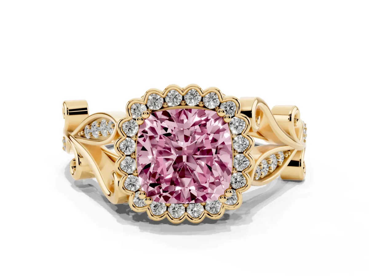 Fancy Pink Cushion Cut Diamond Halo Ring with Vintage Split Shank and Four-Prong Setting Yellow gold
