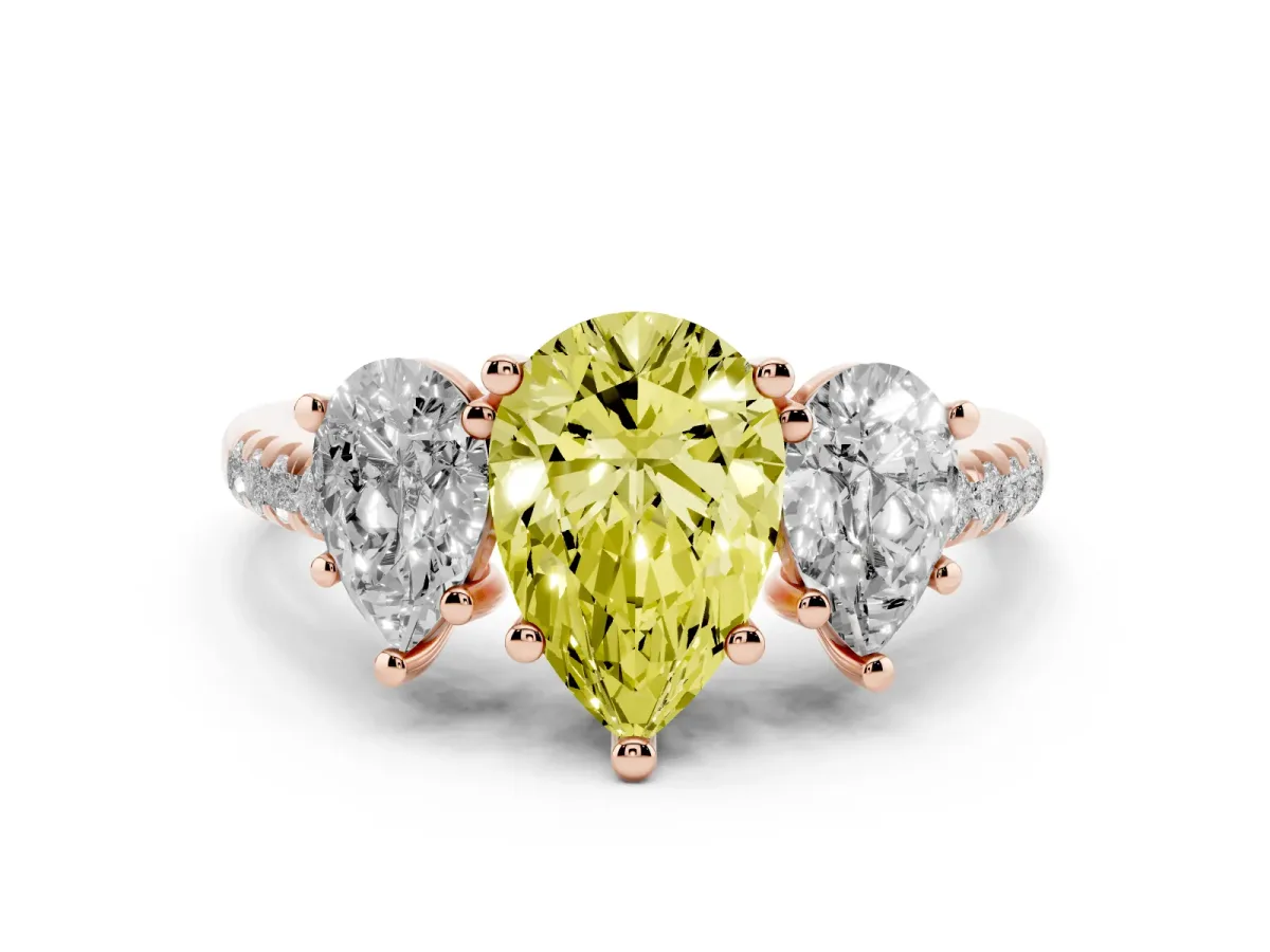 Fancy Yellow Three-Stone Pear Cut Diamond Ring with Round Pavé Band and Prong Setting Rose gold